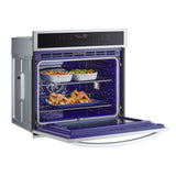 LG 4.7 cu. ft. Smart Single Wall Oven with Convection and Air Fry WSEP4723F left side open view and food