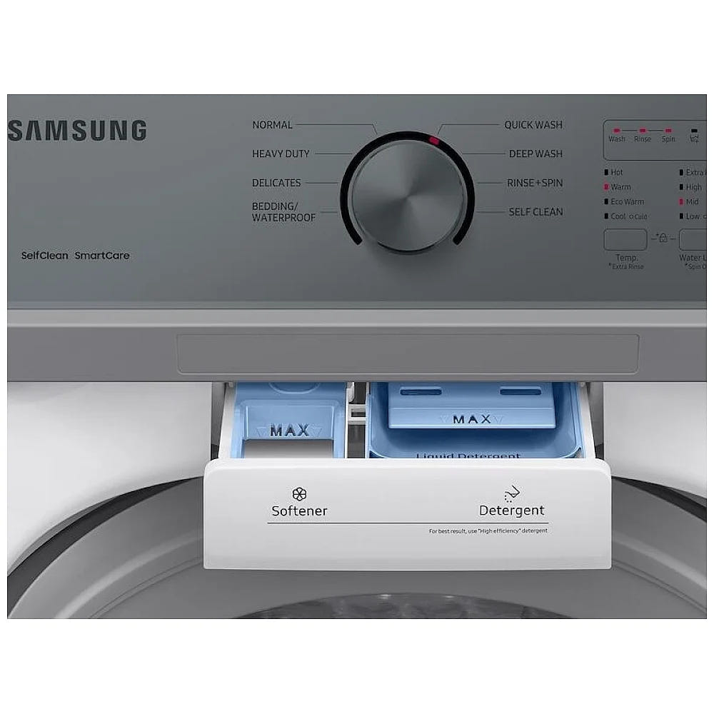 Samsung WA44A3205AW Top Load Washer, 27 inch Width, 5 cu. ft. Washer Capacity, 8 Wash Cycles, 5 Temperature Settings, 700 RPM Washer Spin Speed, Agitator, White colour (Contains Agitator), Soft Close Lid
