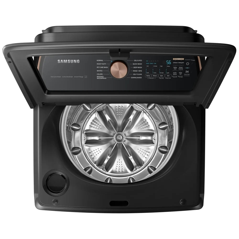 Samsung WA54CG7550AVA4 Top Load Washer, ENERGY STAR Certified, 6.2 cu. ft. Washer Capacity, 12 Wash Cycles, 5 Temperature Settings, 750 RPM Washer Spin Speed, Impeller, Wifi Enabled, Black Stainless Steel colour Water Faucet