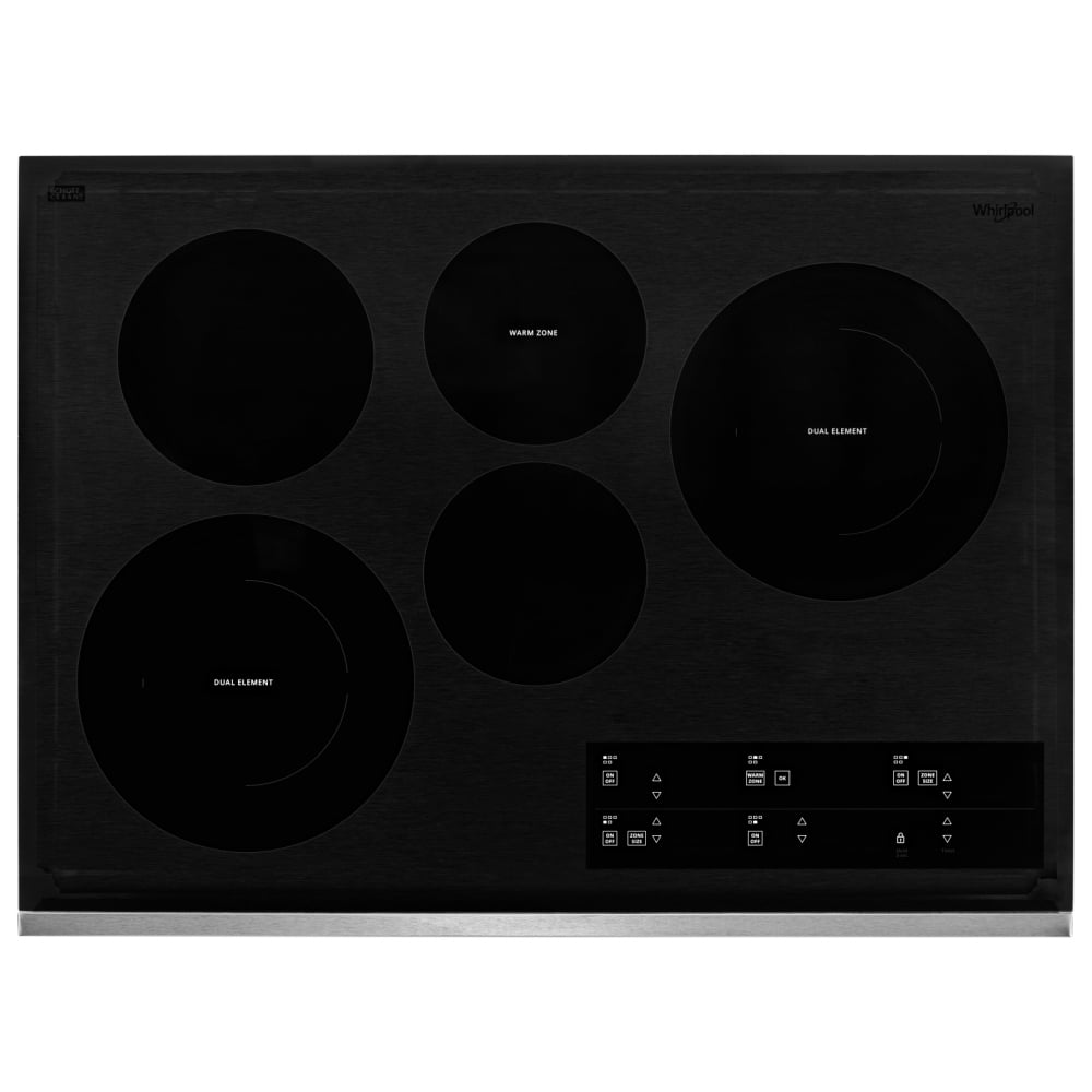 Whirlpool WCE97US0KS Electric Cooktop, 30 inch Exterior Width, 5 Burners, 3,000 W Highest Element, Black / Stainless Steel colour