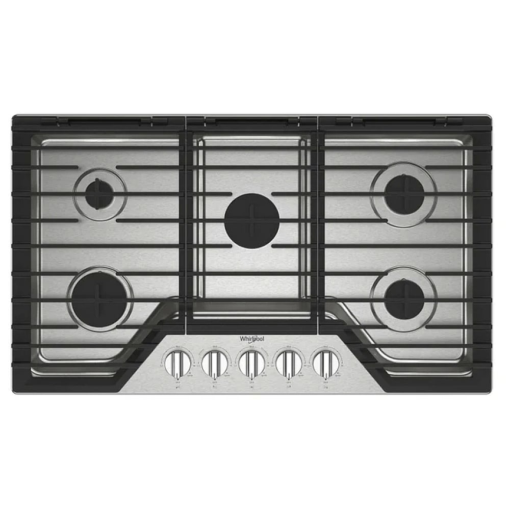 Whirlpool WCGK5036PS Gas Cooktop, 36 inch Exterior Width, 5 Burners, 18,000 BTU Highest Burner, Stainless Steel colour