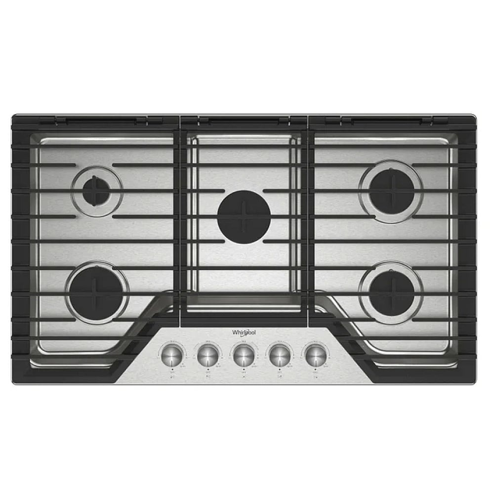 Whirlpool WCGK7036PS Gas Cooktop, 36 inch Exterior Width, 5 Burners, 18,000 BTU Highest Burner, Stainless Steel colour