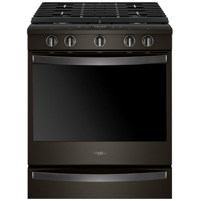 Whirlpool WEG750H0HV Gas Range, 5.8 cu. ft. Capacity, 30 inch Exterior Width, Self Clean, True Convection, 5 Burners, Storage Drawer, Yes, 17,000 BTU Highest Burner, Black Stainless Steel colour