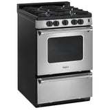 Whirlpool WFG500M4HS Gas Range, 2.96 cu. ft. Capacity, 24 inch Exterior Width, Manual Clean, 4 Burners, Broiler Drawer, 15,000 BTU Highest Burner, Stainless Steel colour