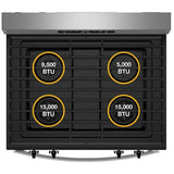 Whirlpool WFGS3530RB Gas Range, 5 cu. ft. Capacity, 30 inch Exterior Width, Self Clean, 4 Burners, Storage Drawer, 15,000 BTU Highest Burner, Black colour