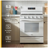 Whirlpool WFGS5030RW Gas Range, 5 cu. ft. Capacity, 30 inch Exterior Width, Self Clean, Convection, Storage Drawer, Yes, 18,000 BTU Highest Burner, White colour