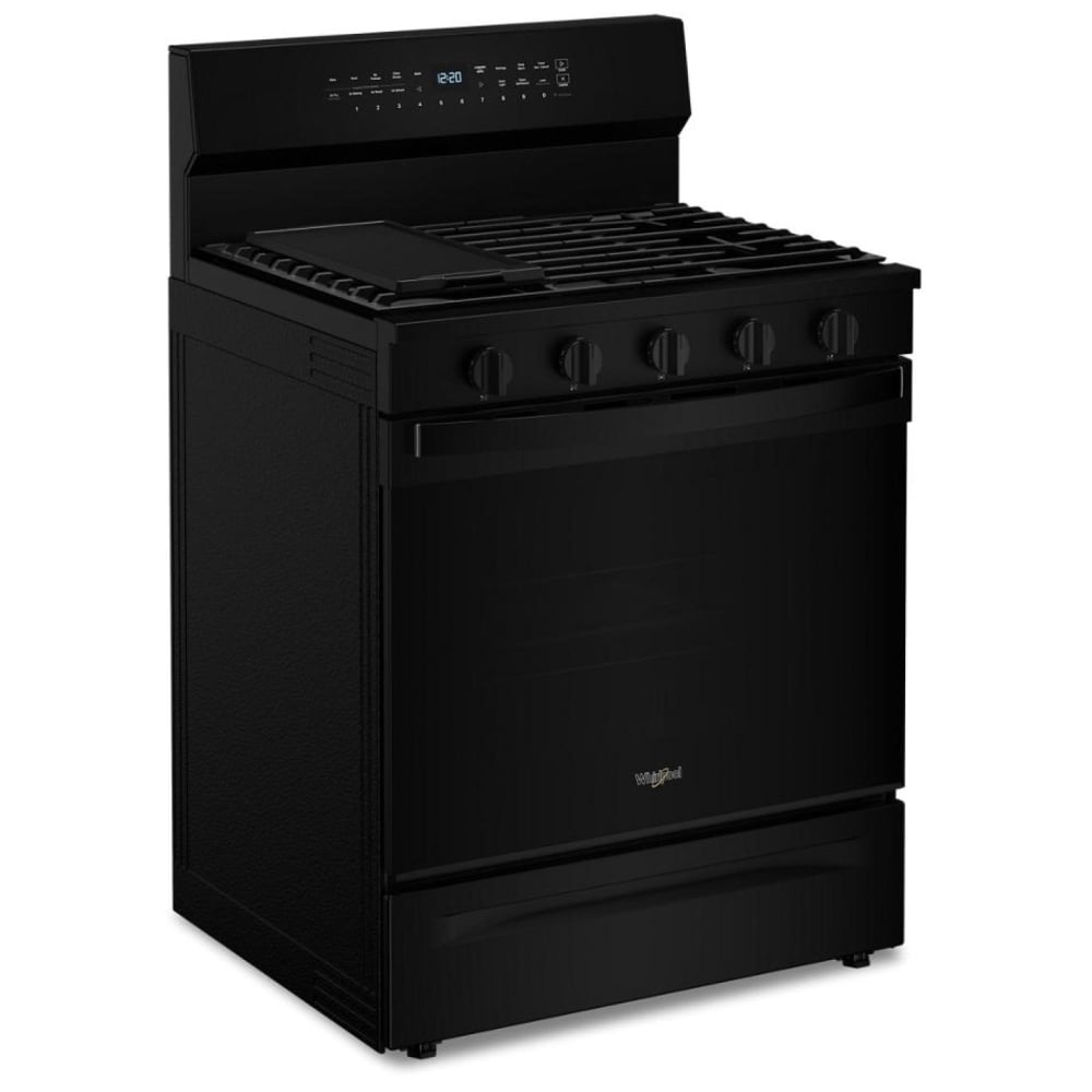 Whirlpool WFGS7530RB Gas Range, 5.3 cu. ft. Capacity, 30 inch Exterior Width, Self Clean, True Convection, 5 Burners, Storage Drawer, Yes, 18,000 BTU Highest Burner, Black colour