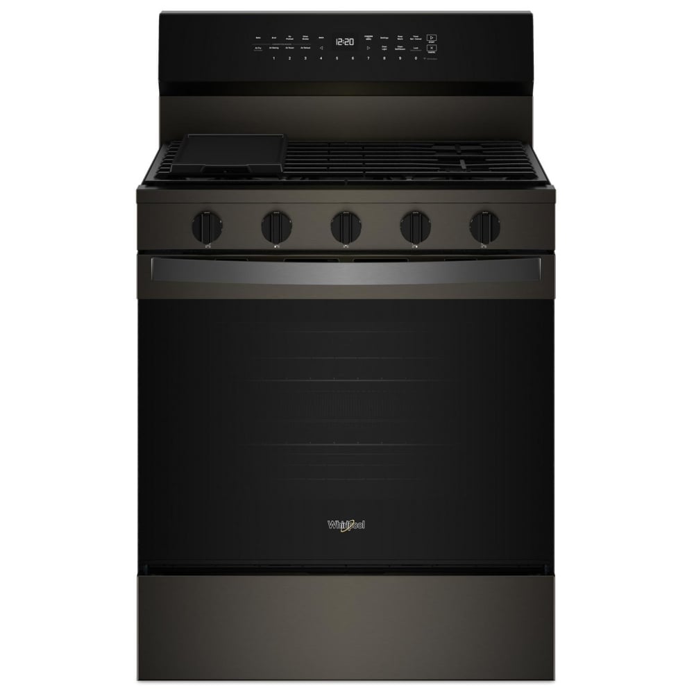 Whirlpool WFGS7530RV Gas Range, 5.3 cu. ft. Capacity, 30 inch Exterior Width, Self Clean, True Convection, 5 Burners, Storage Drawer, Yes, 18,000 BTU Highest Burner, Black Stainless Steel colour