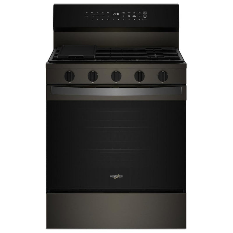 Whirlpool WFGS7530RV Gas Range, 5.3 cu. ft. Capacity, 30 inch Exterior Width, Self Clean, True Convection, 5 Burners, Storage Drawer, Yes, 18,000 BTU Highest Burner, Black Stainless Steel colour