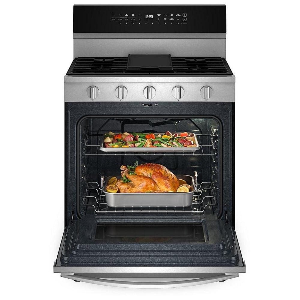Whirlpool WFGS7530RZ Gas Range, 5.3 cu. ft. Capacity, 30 inch Exterior Width, Self Clean, True Convection, 5 Burners, Storage Drawer, Yes, 18,000 BTU Highest Burner, St colour