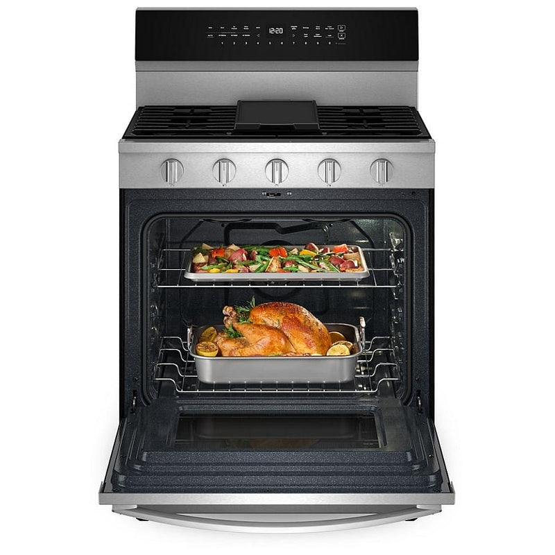 Whirlpool WFGS7530RZ Gas Range, 5.3 cu. ft. Capacity, 30 inch Exterior Width, Self Clean, True Convection, 5 Burners, Storage Drawer, Yes, 18,000 BTU Highest Burner, St colour