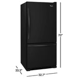 Whirlpool WRB322DMBB Bottom Freezer Refrigerator, 33 inch Width, Ice Dispenser (Freezer Located), 21.9 cu. ft. Capacity, Black colour