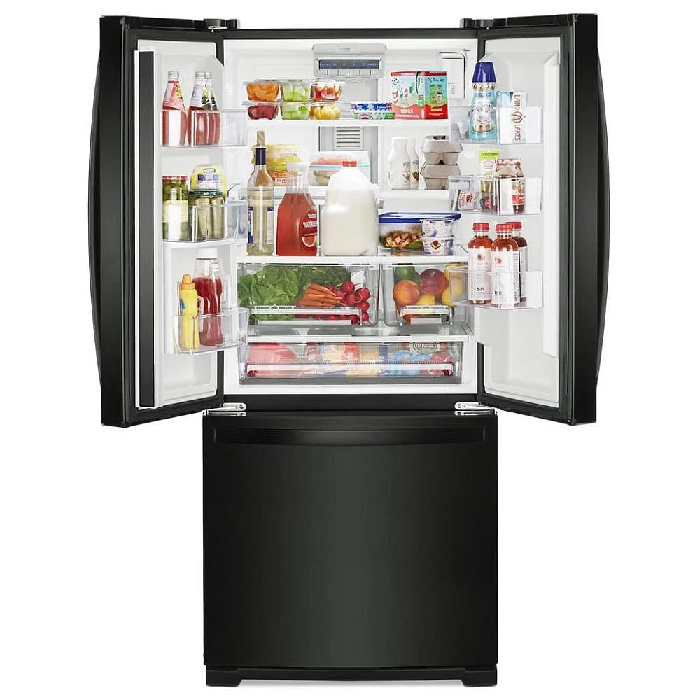Whirlpool WRF560SMHB 法式门冰箱，30 英寸宽，19.7 立方英尺容量，制冰机（位于冷冻室），黑色