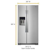 Whirlpool WRS588FIHZ Side by Side Refrigerator, 36 inch Width, 28.5 cu. ft. Capacity, Water Dispenser (Exterior), Ice Dispenser (Thru Door), Stainless Steel colour