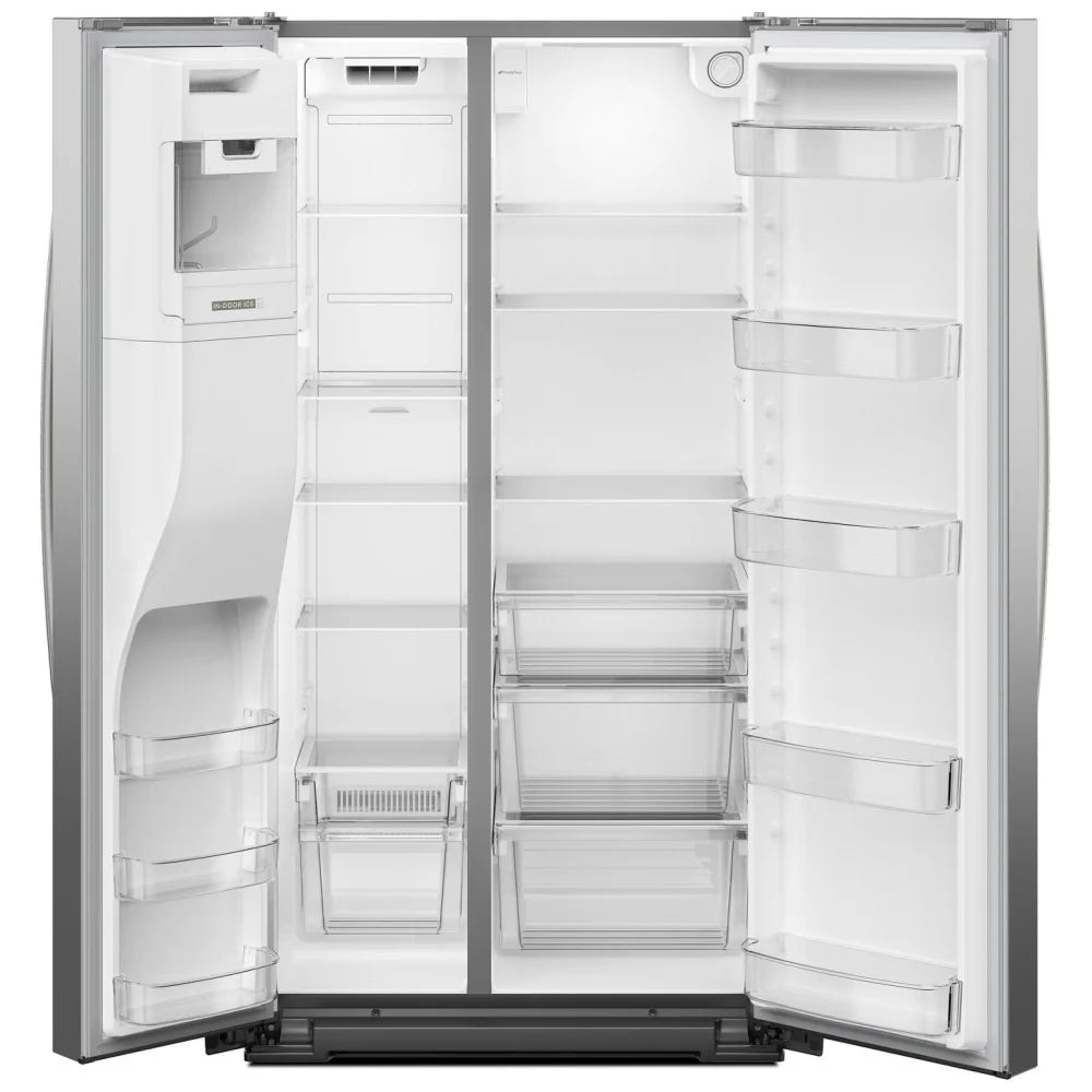 Whirlpool WRSC5536RZ 并排式冰箱，36 英寸宽，台面深度，制冰机（门内），饮水机（外部），21 立方英尺容量，不锈钢色