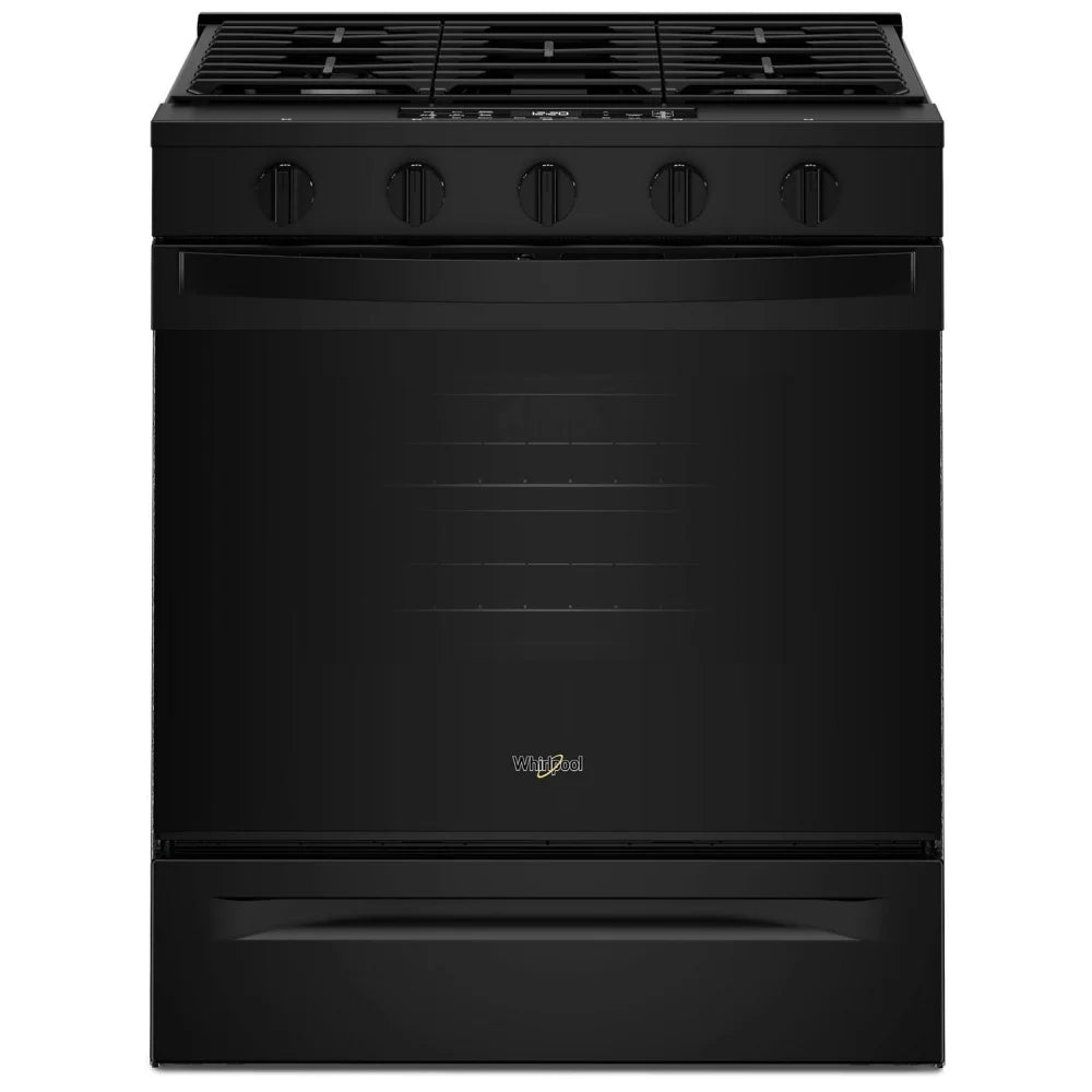 Whirlpool WSGS5030SB Gas Range, 5 cu. ft. Capacity, 30 inch Exterior Width, Steam & Self Clean, Convection, 5 Burners, Storage Drawer, Air Fry, 18,000 BTU Highest Burner, Black colour
