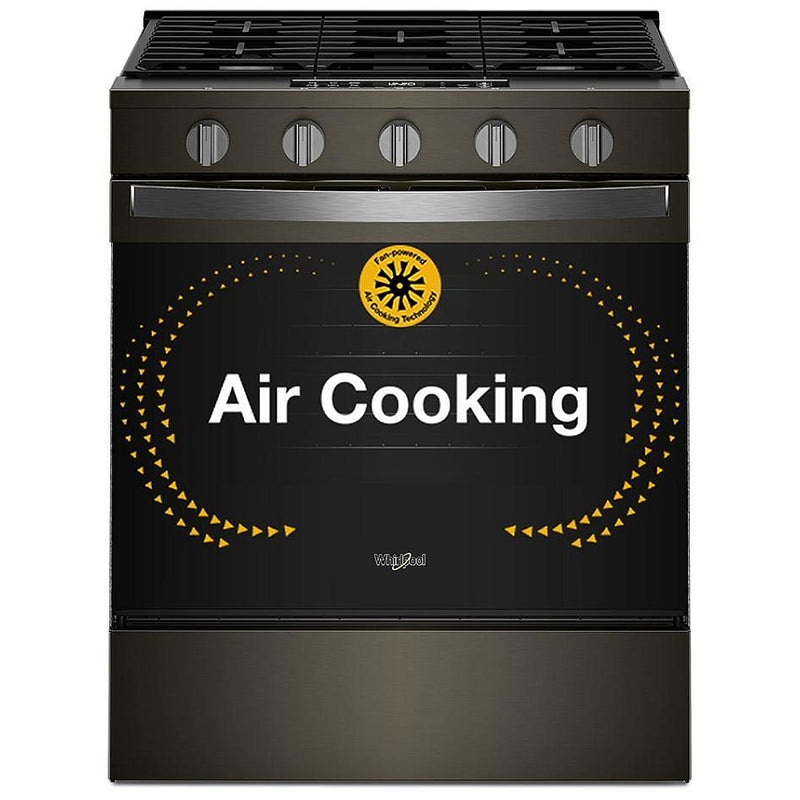 Whirlpool WSGS5030SV Gas Range, 5 cu. ft. Capacity, 30 inch Exterior Width, Steam & Self Clean, Convection, 5 Burners, Storage Drawer, Air Fry, 18,000 BTU Highest Burner, Black Stainless colour