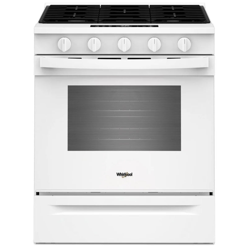 Whirlpool WSGS5030SW Gas Range, 5 cu. ft. Capacity, 30 inch Exterior Width, Steam & Self Clean, Convection, 5 Burners, Storage Drawer, Air Fry, 18,000 BTU Highest Burner, White colour