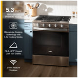 Whirlpool WSGS7530RV Gas Range, 5.3 cu. ft. Capacity, 30 inch Exterior Width, Steam & Self Clean, True Convection, 5 Burners, Storage Drawer, Yes, 18,000 BTU Highest Burner, Black Stainless Steel colour