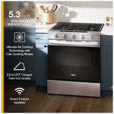Whirlpool WSGS7530RZ Gas Range, 5.3 cu. ft. Capacity, 30 inch Exterior Width, Steam & Self Clean, True Convection, 5 Burners, Storage Drawer, Yes, 18,000 BTU Highest Burner, St colour