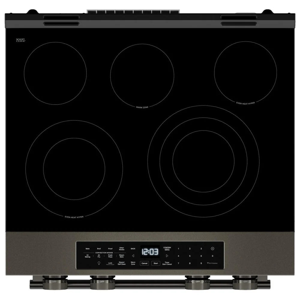 KitchenAid YKSES530SBE 电炉，5.3 立方英尺容量，30 英寸外部宽度，真对流，5 个燃烧器，储物抽屉，空气炸锅，自清洁，3,200 瓦最高燃烧器元件，黑色矿石色