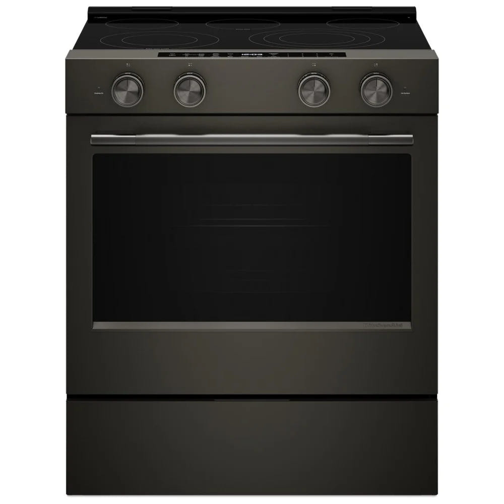 KitchenAid YKSES530SBE 电炉，5.3 立方英尺容量，30 英寸外部宽度，真对流，5 个燃烧器，储物抽屉，空气炸锅，自清洁，3,200 瓦最高燃烧器元件，黑色矿石色