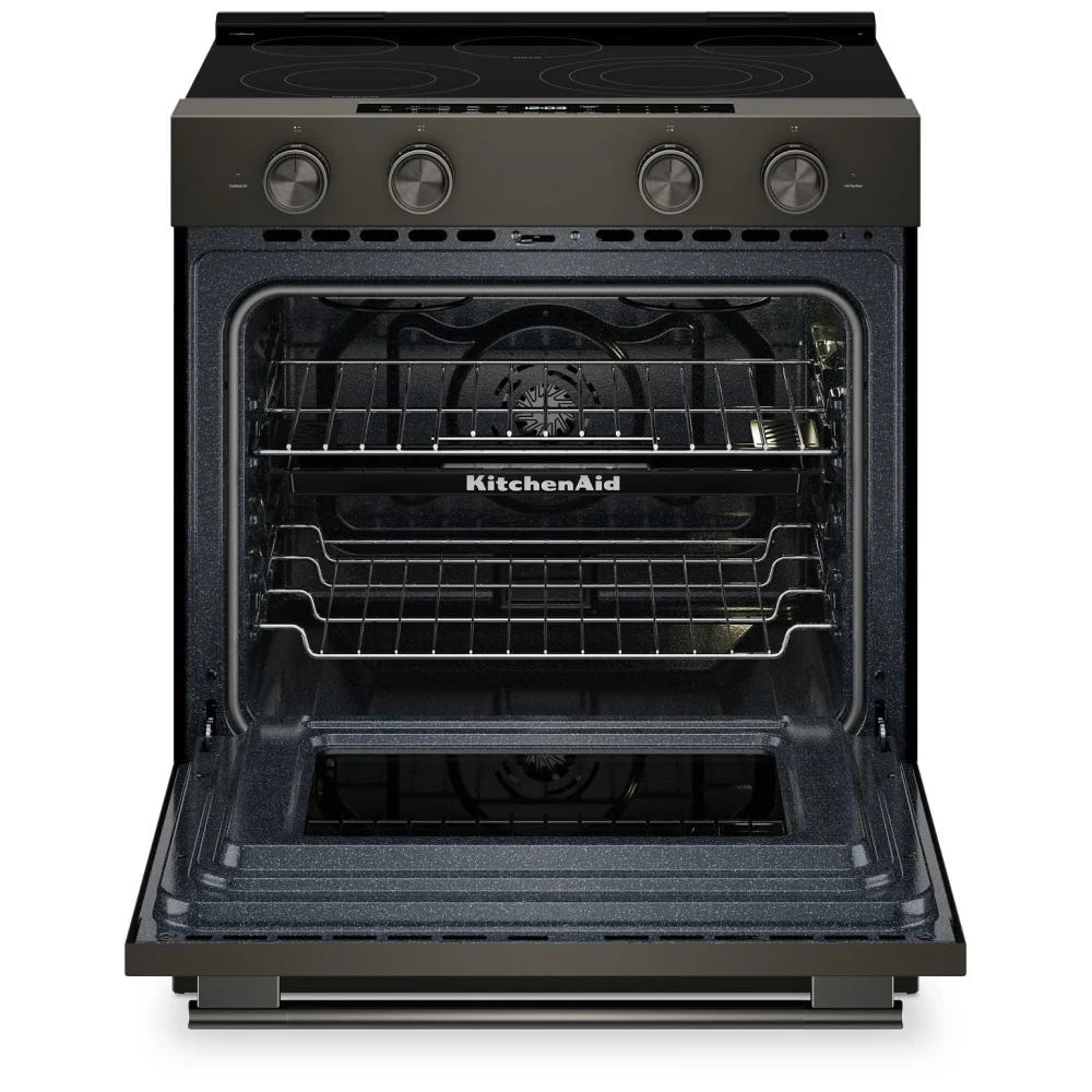 KitchenAid YKSES530SBE 电炉，5.3 立方英尺容量，30 英寸外部宽度，真对流，5 个燃烧器，储物抽屉，空气炸锅，自清洁，3,200 瓦最高燃烧器元件，黑色矿石色