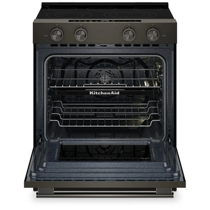 KitchenAid YKSES530SBE 电炉，5.3 立方英尺容量，30 英寸外部宽度，真对流，5 个燃烧器，储物抽屉，空气炸锅，自清洁，3,200 瓦最高燃烧器元件，黑色矿石色