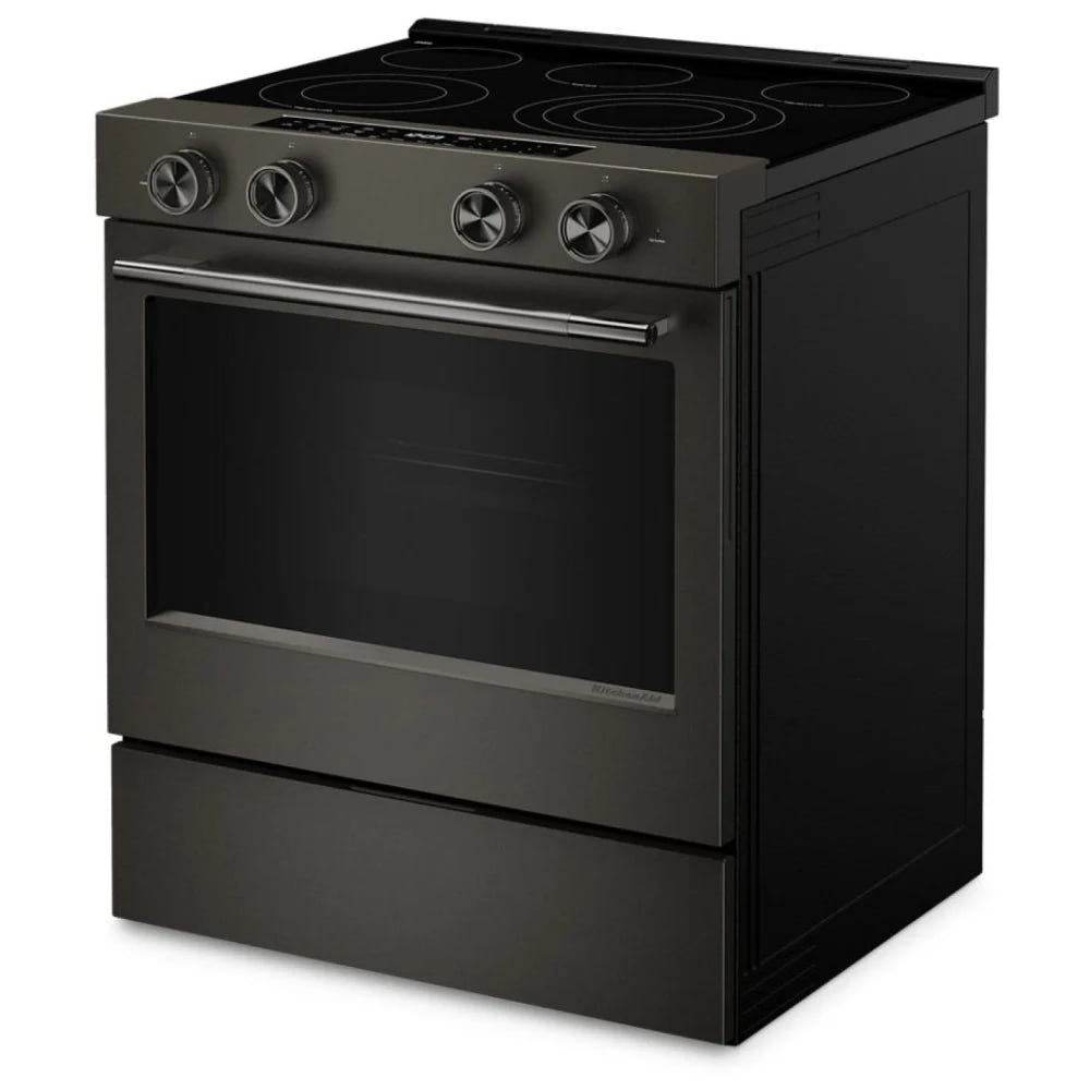 KitchenAid YKSES530SBE 电炉，5.3 立方英尺容量，30 英寸外部宽度，真对流，5 个燃烧器，储物抽屉，空气炸锅，自清洁，3,200 瓦最高燃烧器元件，黑色矿石色