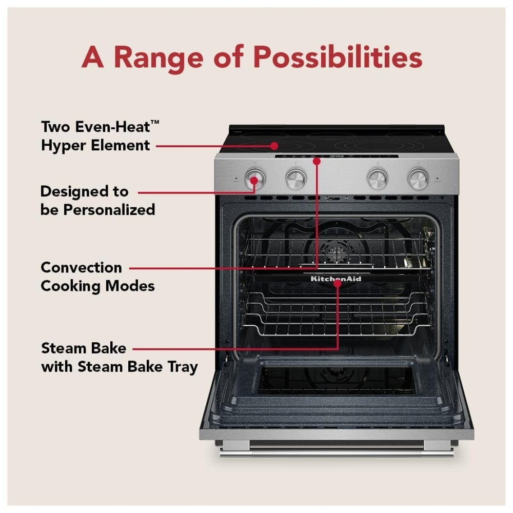 KitchenAid YKSES530SPS Electric Range, 5.3 cu. ft. Capacity, 30 inch Exterior Width, True Convection, 5 Burners, Storage Drawer, Air Fry, Self Clean