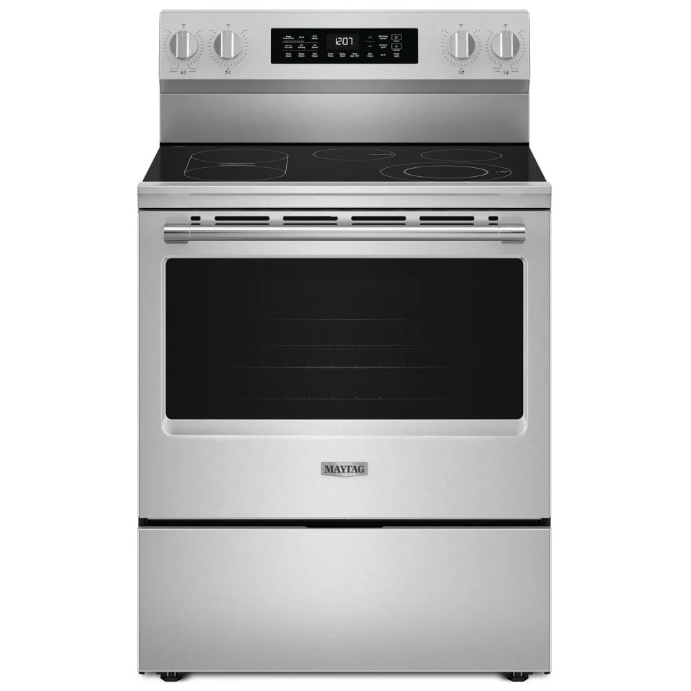 Maytag YMFES7030SZ Electric Range, 5.3 cu. ft. Capacity, 30 inch Exterior Width, Convection, 5 Burners, Storage Drawer, Air Fry, Self Clean, 3,000 W Highest Element, FingerPrint Resistant Stainless Steel colour