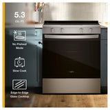 Whirlpool YWSES3330TS Electric Range, 5.3 cu. ft. Capacity, 30 inch Exterior Width, 5 Burners, Storage Drawer, Steam Clean, 3,000 W Highest Element, Stainless Steel colour, FlexHeat™ Elements
