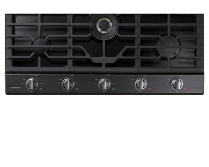 Samsung NA36N7755TG Gas Cooktop, 36 inch Exterior Width, 5 Burners, 22,000 BTU Highest Burner, Black Stainless Steel colour Wok Grate, Illuminated Knob